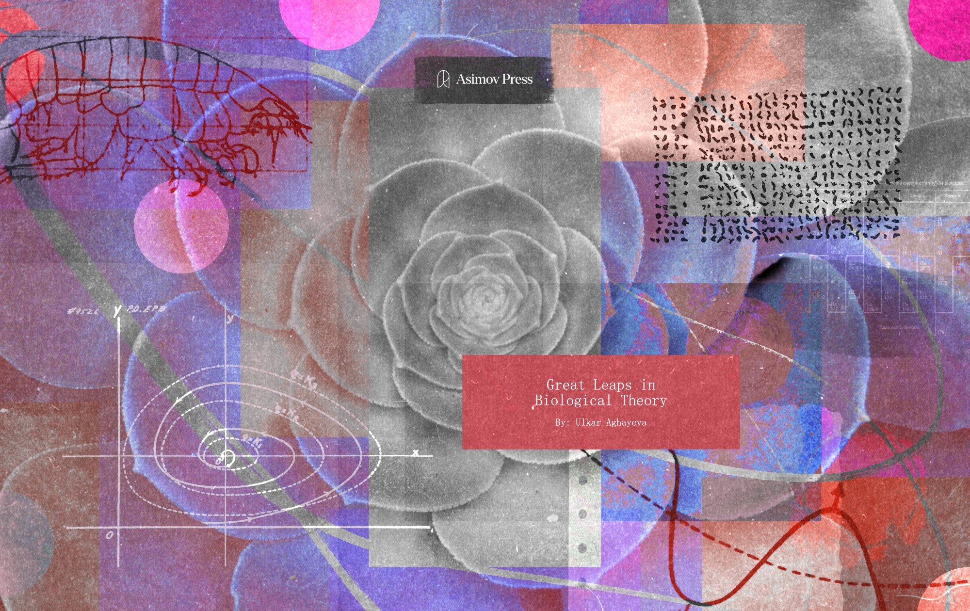 Pink, purple, and gray collage of biological forms and scientific diagrams, with a central plant rosette and the title Great Leaps in Biological Theory.