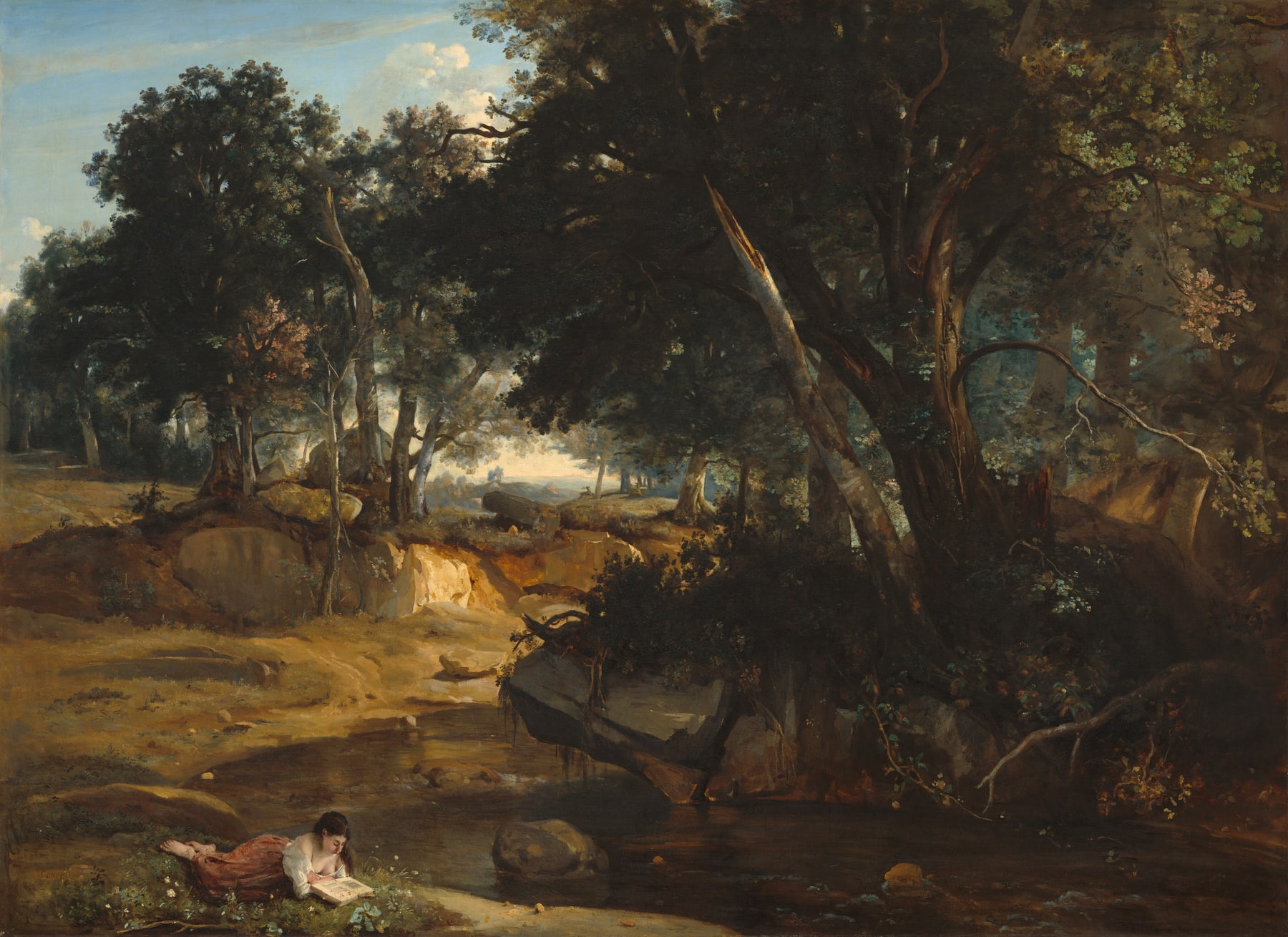 A woman reads beside a stream beneath tall trees in the forest of Fontainebleau.
