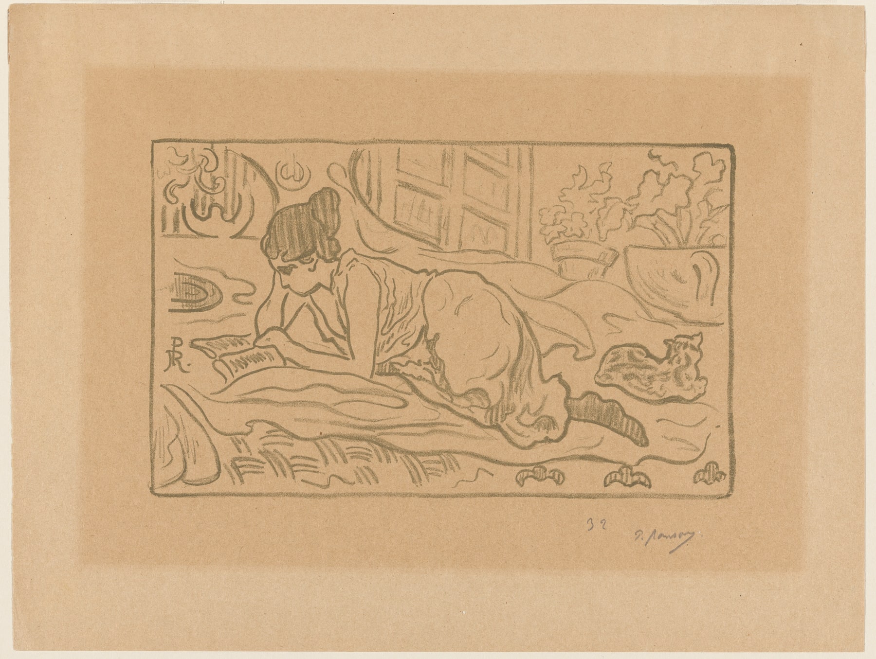 A drawing of a woman lying on a bed reading, with a cat resting beside her.