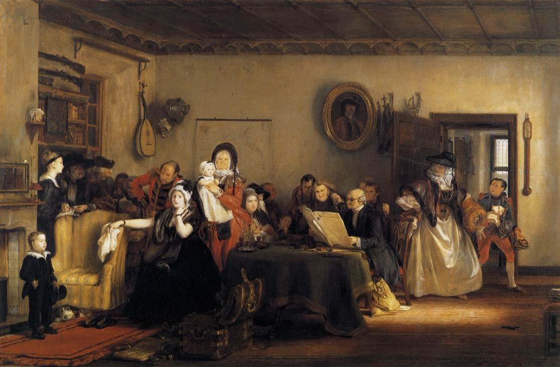 A family gathers around a table to listen to the reading of a will.