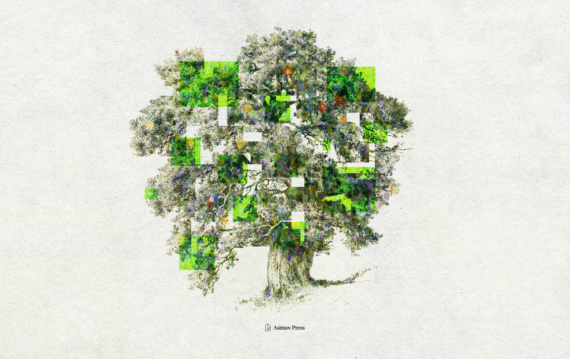 A branching tree with overlapping green fragments and gaps, illustrating blurry boundaries between species.